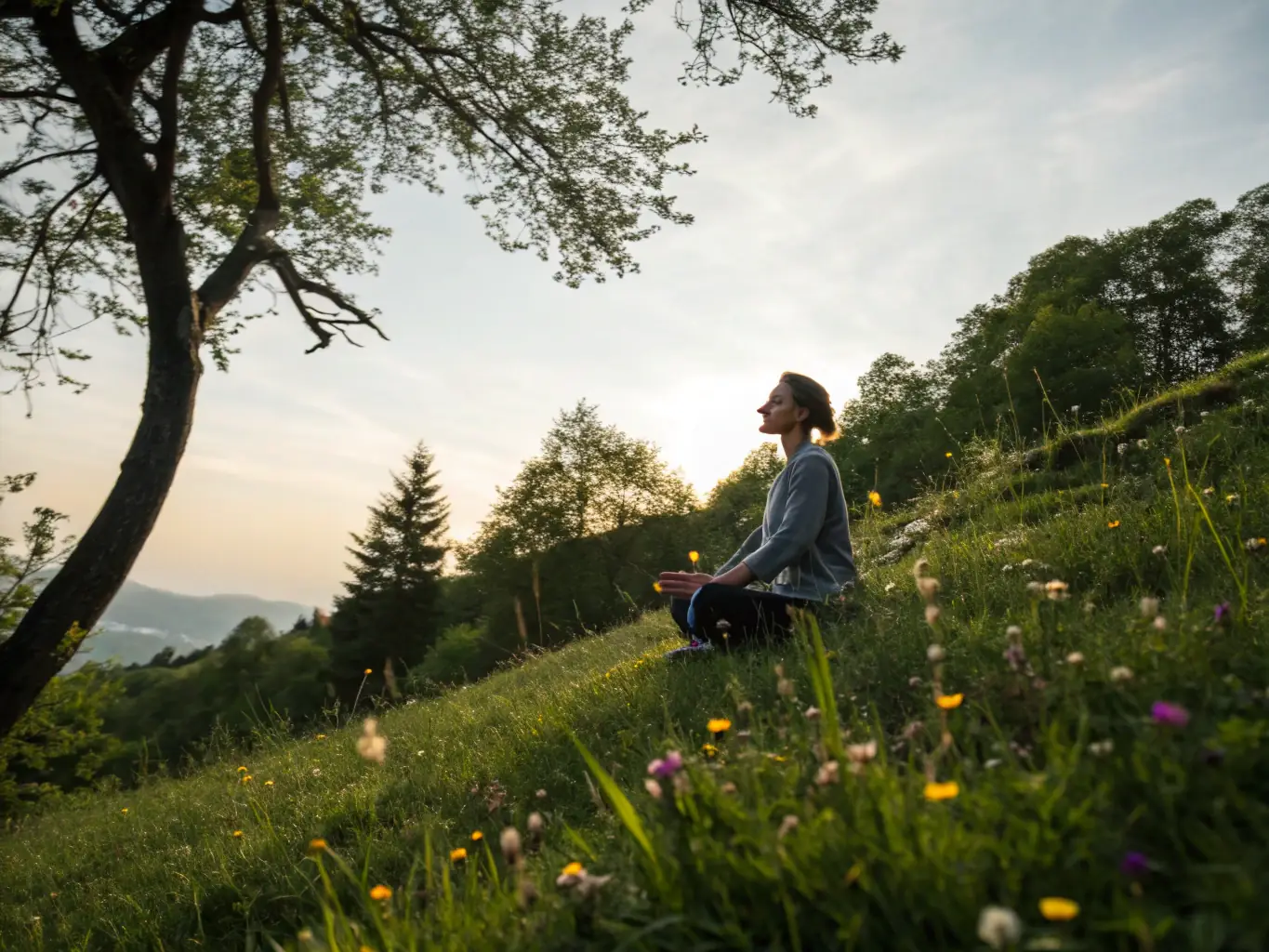 A serene image of a woman meditating in a peaceful environment, symbolizing the Mindfulness and Well-being Program.
