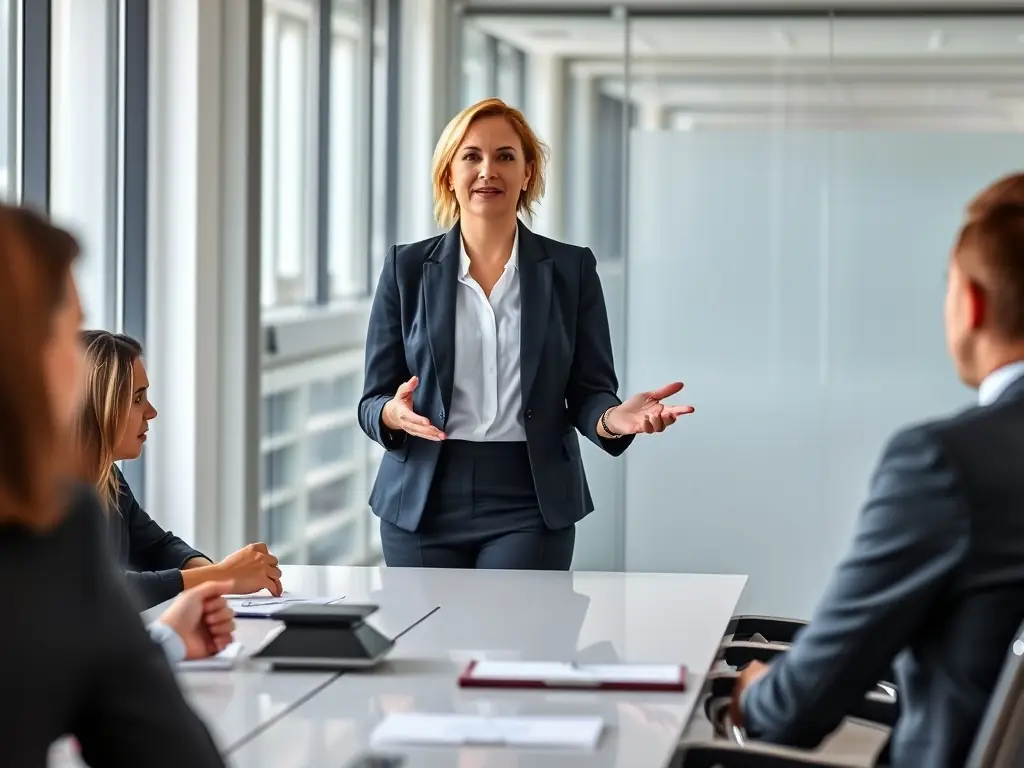 A dynamic image of a woman confidently presenting in a business meeting, representing the Leadership Coaching Program.